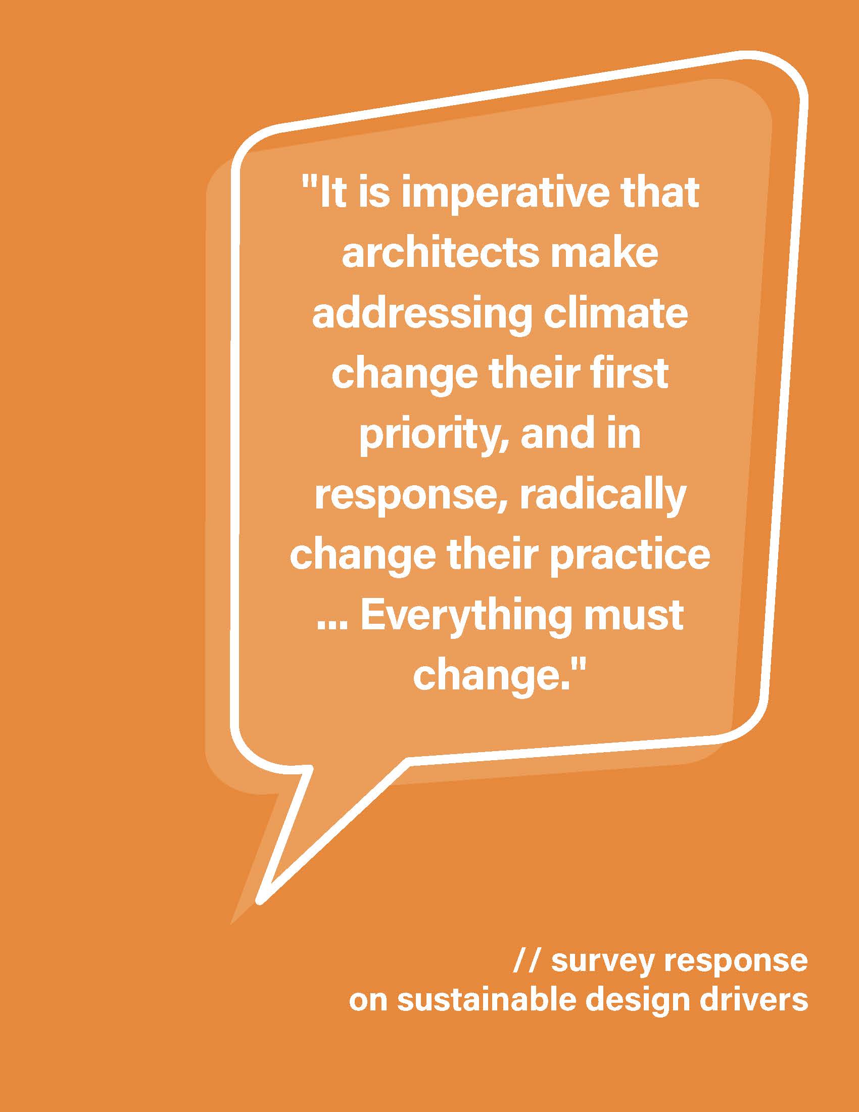 "It is imperative that architects make addressing climate change their first priority, and in response, radically change their practice... Everything must change." survey response on sustainable design drivers