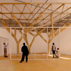 Render of timber structure in exhibition space
