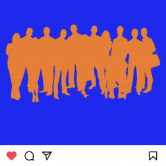 Group of people in orange on top of a blue background