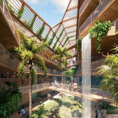 Medium density atrium space with waterfall