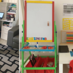 Maram Shaweesh working and home schooling in her small apartment.