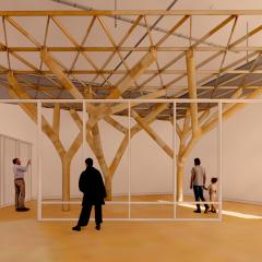 Render of timber structure in exhibition space